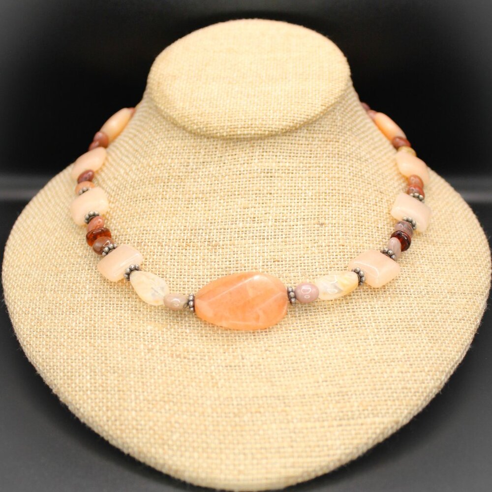 Strawberry Quartz Pastel Pink Stone Amber with Glass Beaded Artisan Necklace